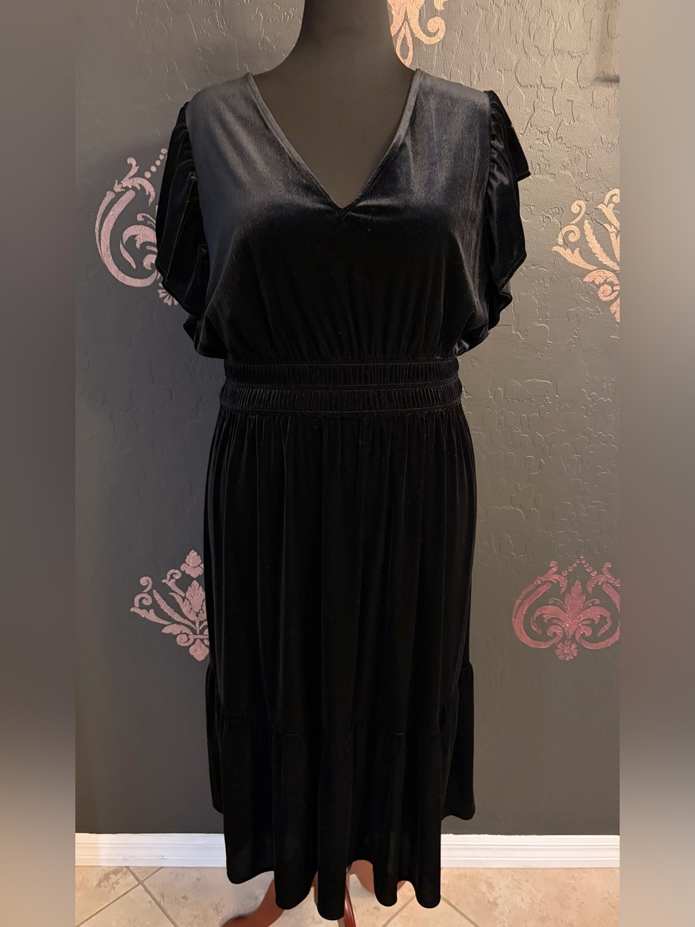 GAP Black Velvet Midi Dress with V-Neck